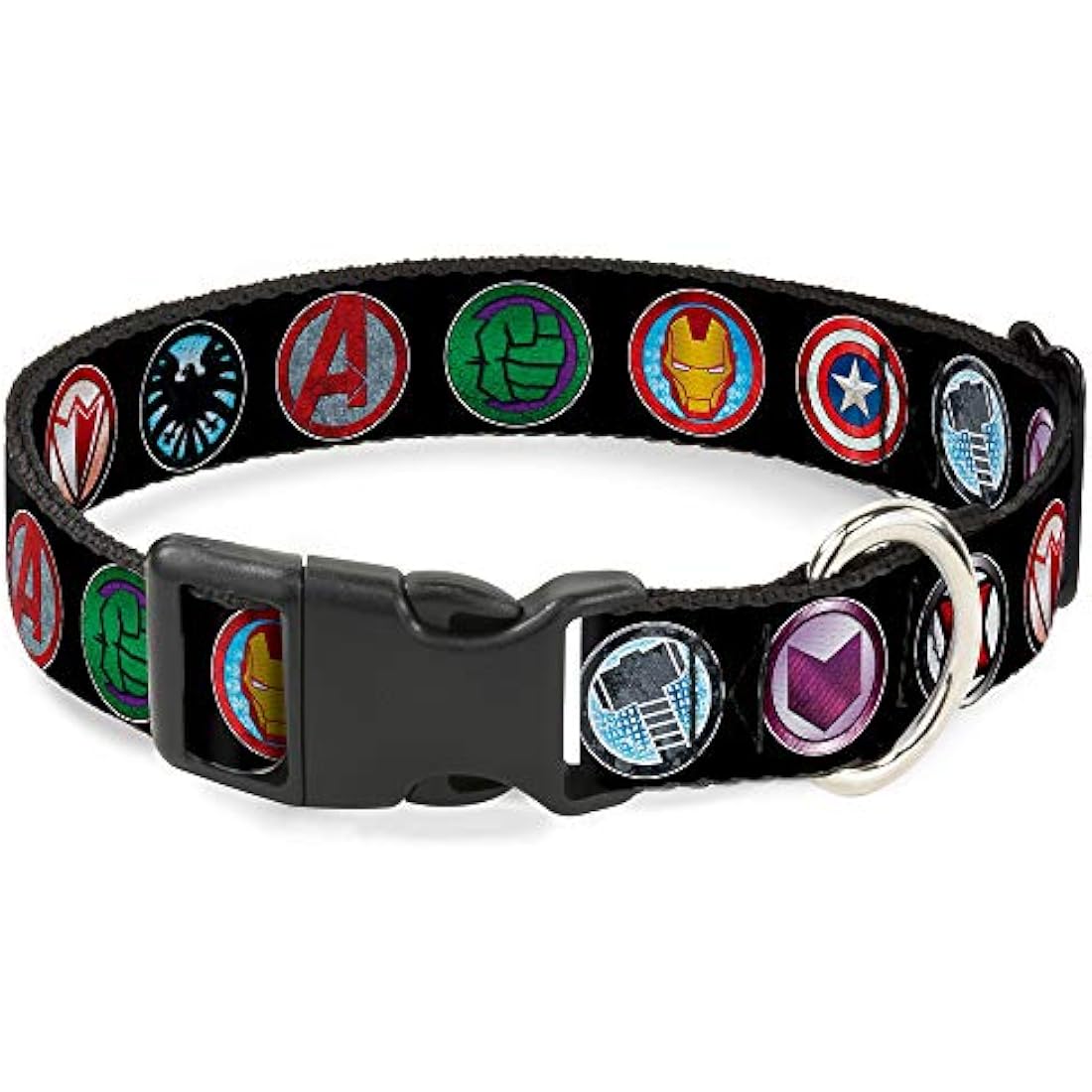 Buckle-Down 9Avenger Icons Black/Multi Color Marvel Avengers Plastic Clip Collar, Wide Large/18-32"