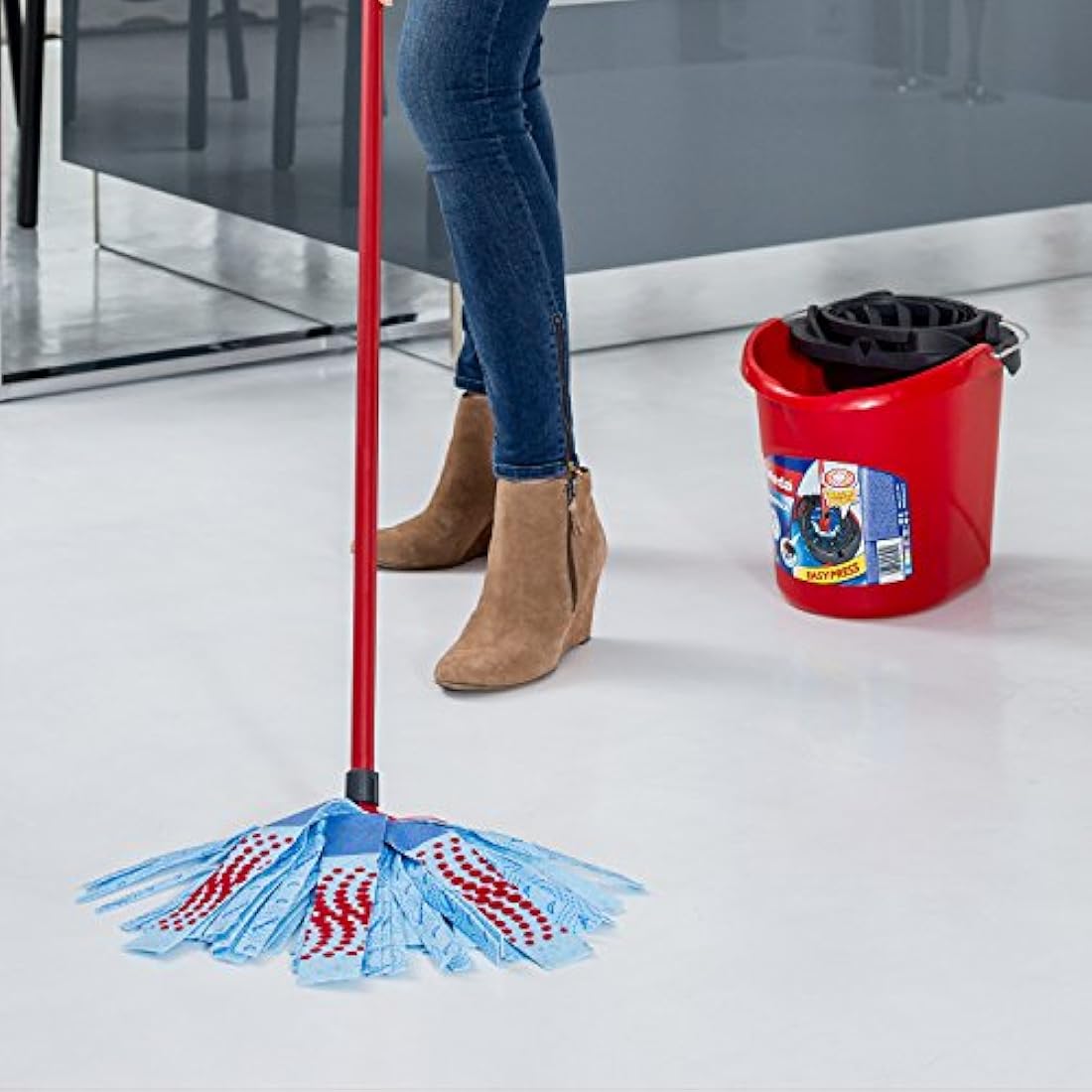 Vileda SuperMocio 3Action Mop and Bucket Set, Mop for Cleaning Floors, Set of 1x Mop and 1x Bucket, Red/Grey/Blue