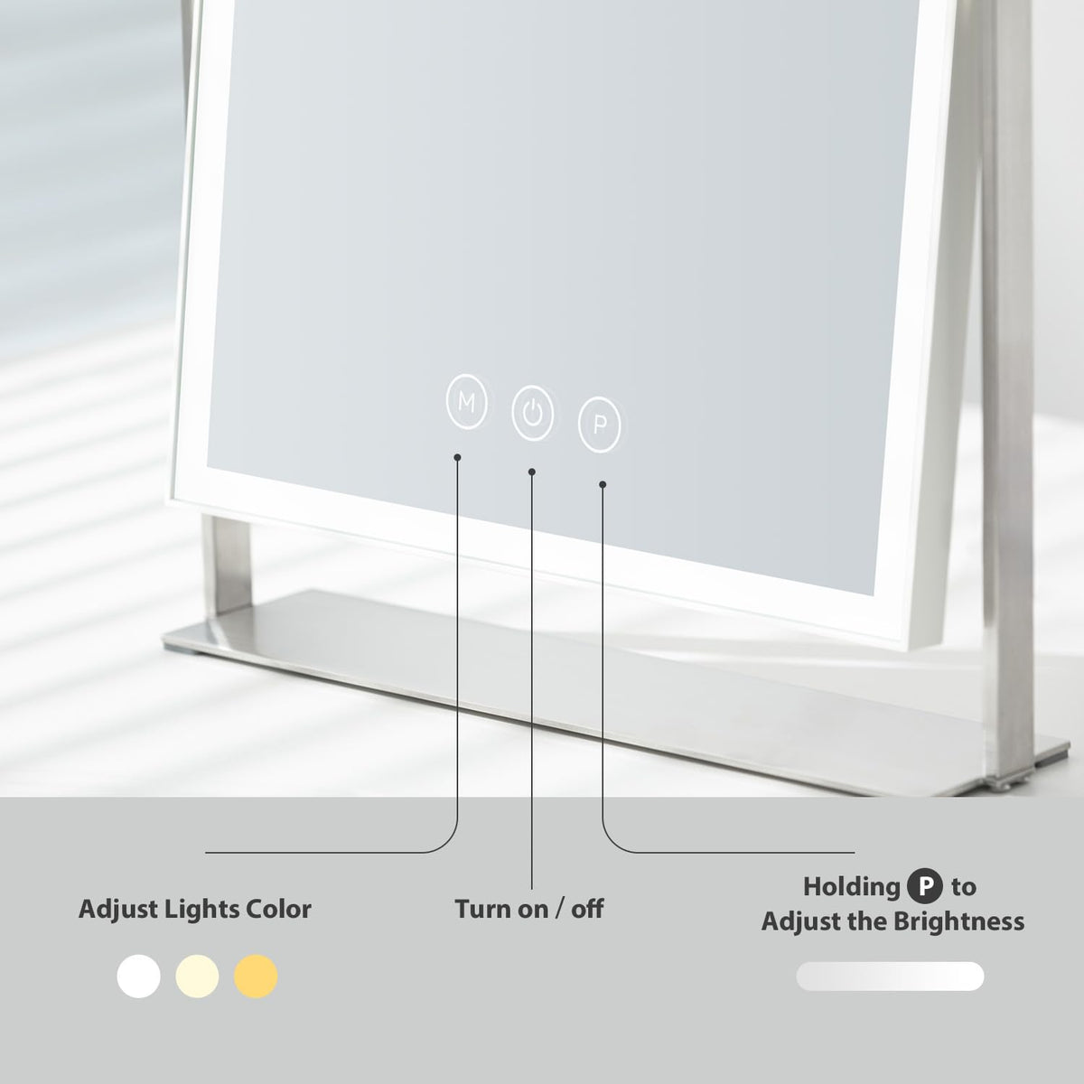 NEZZOE Rechargeable Makeup Mirror with Light, 35cm Rectangular Vanity Mirror with 3 Color Light, 360Ratation LED Mirror, Metal Stand Base Dressing