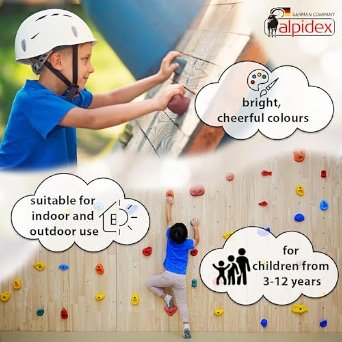 ALPIDEX Children's climbing holds, load capacity up to 200 kg, Mounting material included, different quantities multicolored - 30 pieces