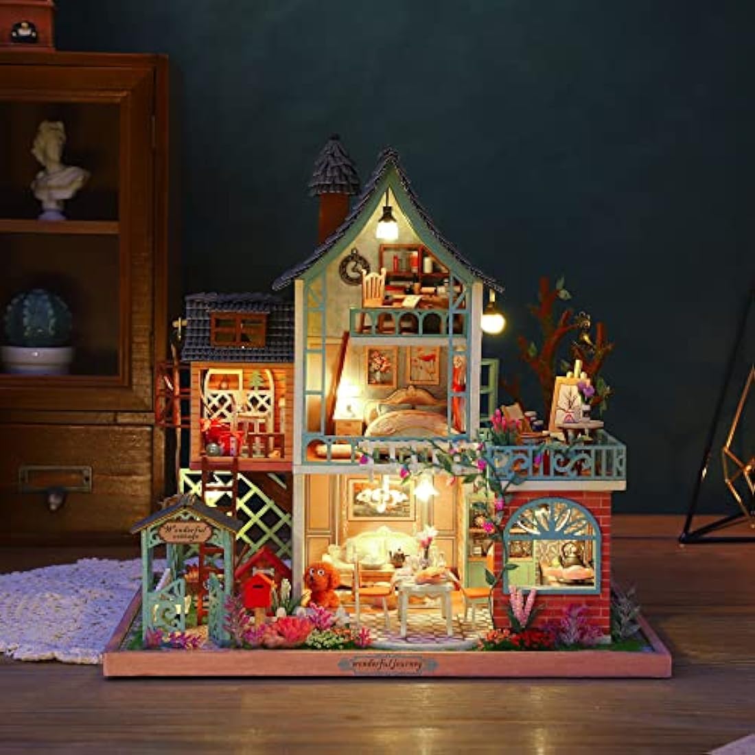 Cuteefun DIY Miniature Dolls House Kit for Adults to Build DIY Mini House Kit with Furniture Music, Make Your Own Craft House Model Father's Day(Happy Jungle Resort)