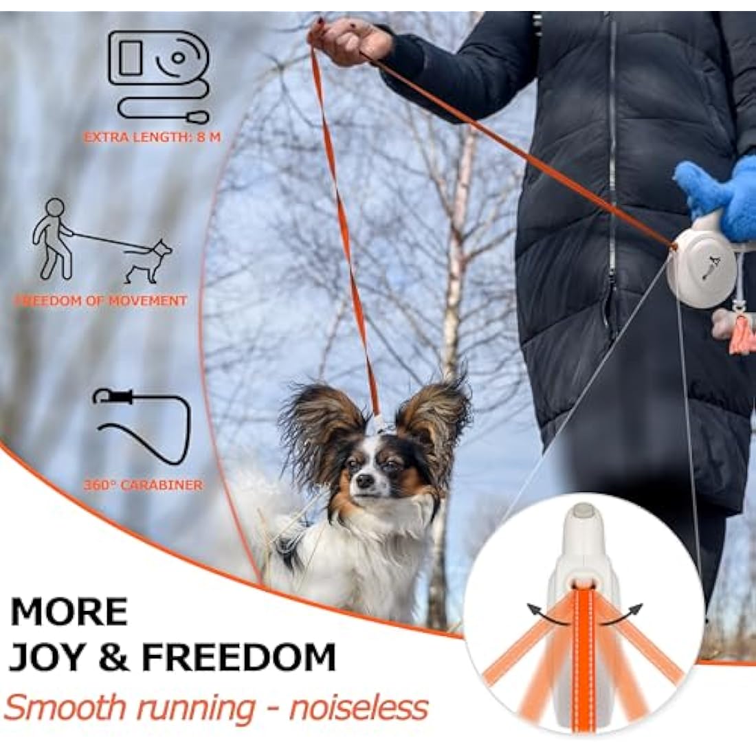 bluzelle 8m / 26ft Retractable Leash for Dogs up to 50kg / 110lbs, Bright Neon Orange Reflector Nylon Belt with 360° Snap Hook Metal, Reliable Braking One-Hand Ergonomic Rubberized Handle, White