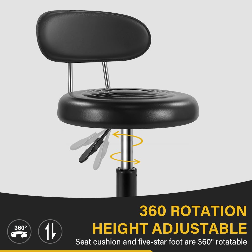WKWKER Rolling Stool with Wheels Swivel Stool with Back Height Adjustable Chair PU Leather Rolling stools Ideal for SPA Salon Home Office Drafting