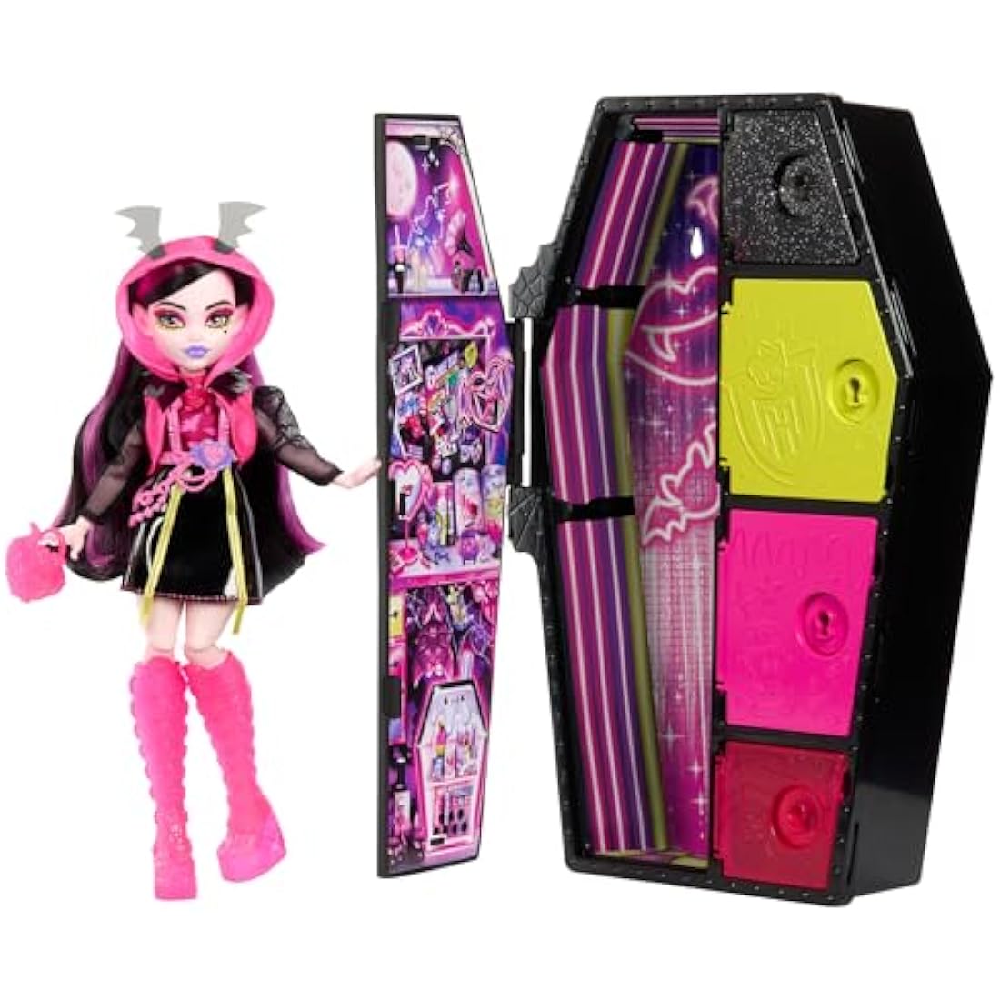 Monster High Doll and Fashion Set, Draculaura Doll, Skulltimate Secrets: Neon Frights, Dress-Up Locker with 19+ Surprises, HNF78