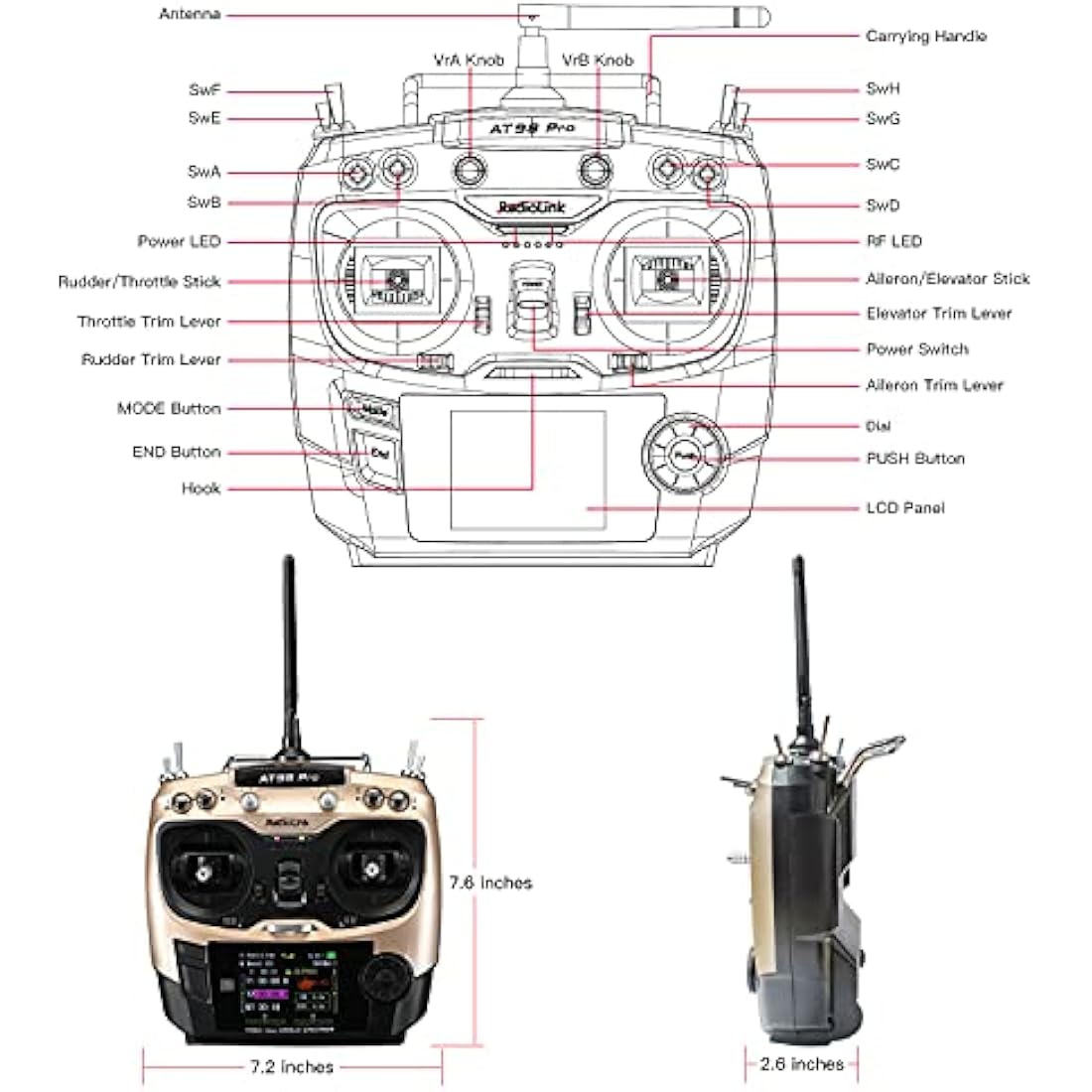 Radiolink AT9S Pro 10/12 Channels 2.4GHz RC Radio Transmitter and R9DS Receiver Kit 3400M Remote RC Plane Controller Long Range for FPV Racing Drone Quad Airplane Helicopter and More (Mode2 Left Hand)