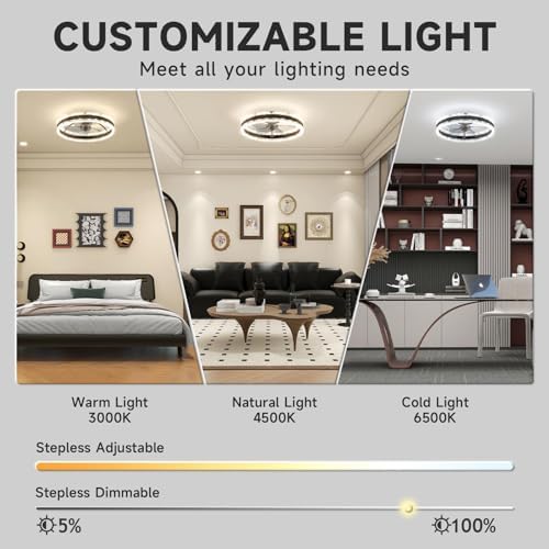 VOLISUN Ceiling Fans with Lights and Remote, 50cm Modern Smart LED Ceiling Fan Light, 6 Speeds and 3000K-6500K Dimmable Quiet Fan Ceiling Lights for Bedroom Living Room Dining Room (Black)