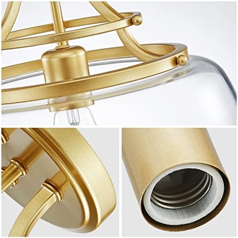 WUZUPS Chandelier Rustic Farmhouse Industrial Round Semi-flushmount Ceiling LED Light Fixture with Clear Glass Shades for Bathroom Kitchen Foyer Entryway, H 30 x W 34, E27 Base, Gold