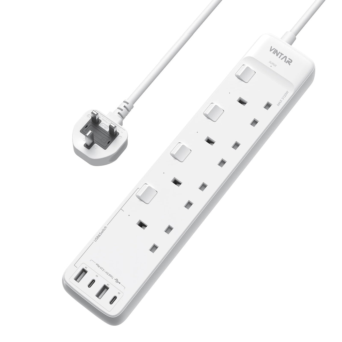 VINTAR Extension Lead with USB Slots, 4 Way Sockets with 2USB and 2USB-C Ports, Mountable Surge Protected Extension Lead with Individual Switches,