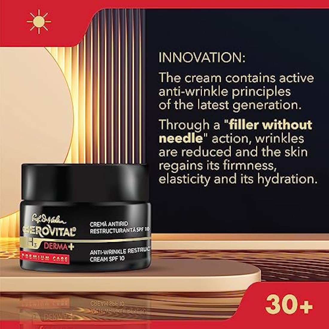 Gerovital H3 Derma+ Premium Care Anti-Wrinkle Face Cream SPF 10 – Restructuring & Firming, Reduces Wrinkles, Restores Elasticity, Anti-Aging Skincare, 50ml