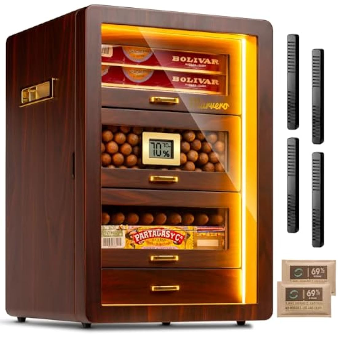 Desktop Humidor Cabinet Triple-Sided Light with Digital Hygrometer, Humidifier and Humidity Packs. 4 Ceder Wood Drawers, Humidor Box can Hold 200 Cigars. Present for Men
