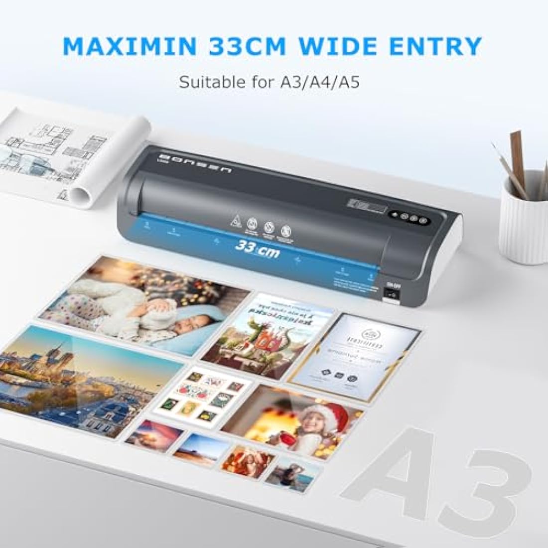 BONSEN A3 Laminator Machine with 100 Laminating Pouches, Never Jam Technology, 125mic Thick Laminating for School, Office, Restaurant, Home, Black, L3402
