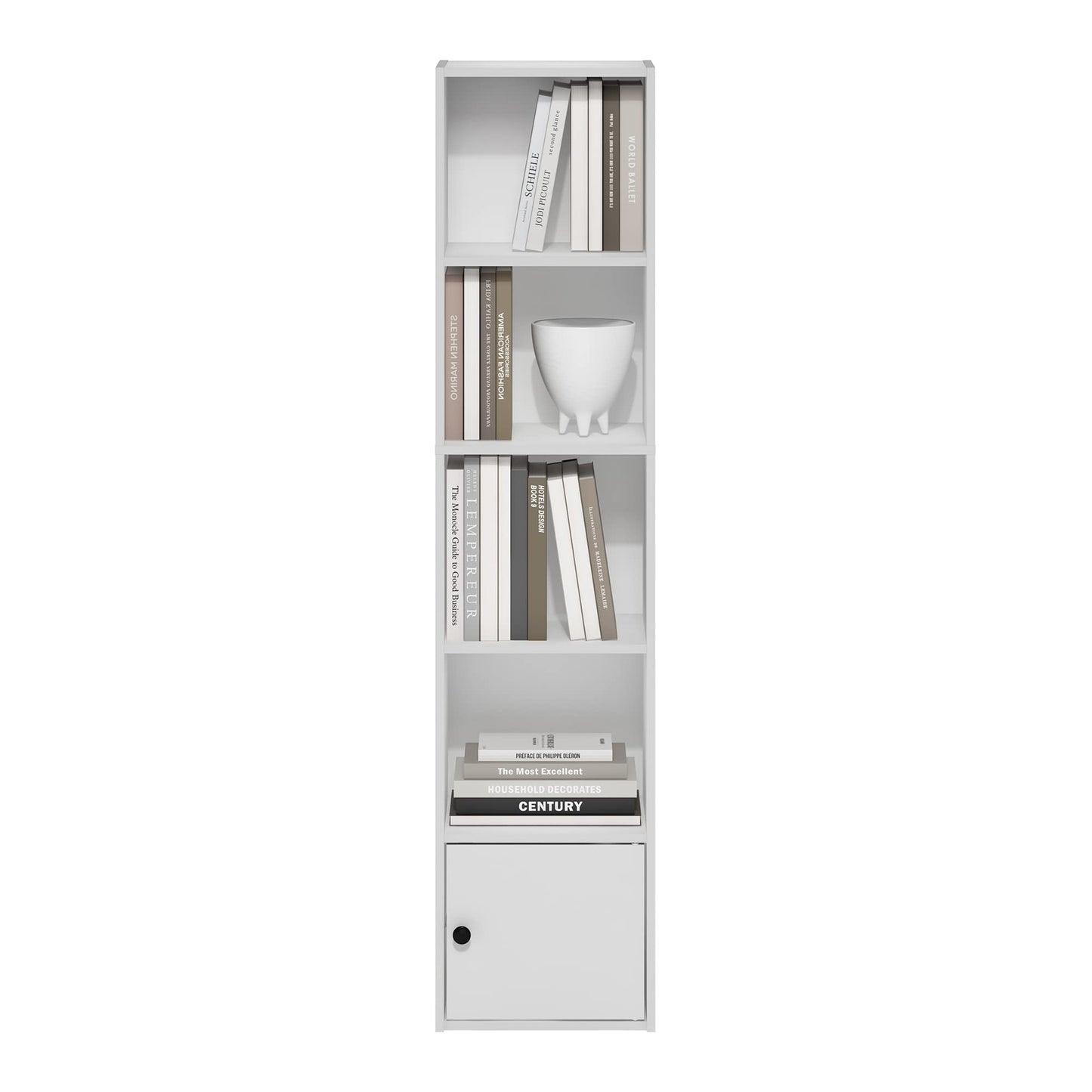 Furinno LUDER Book Shelf, 5-Tier Modern Bookshelf, Bookcase with 1 Door Storage Cabinet, 9.3 x 12 x 52, for Living Room, Bedroom, Home Office, White