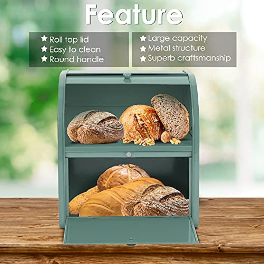 Hossejoy Double Layer Bread Bin - Large Capacity Black Roll Top Bread Box, Kitchen Bread Storage Container with Roll Top Lid, Double Layer Breadbox for Your Kitchen Countertop