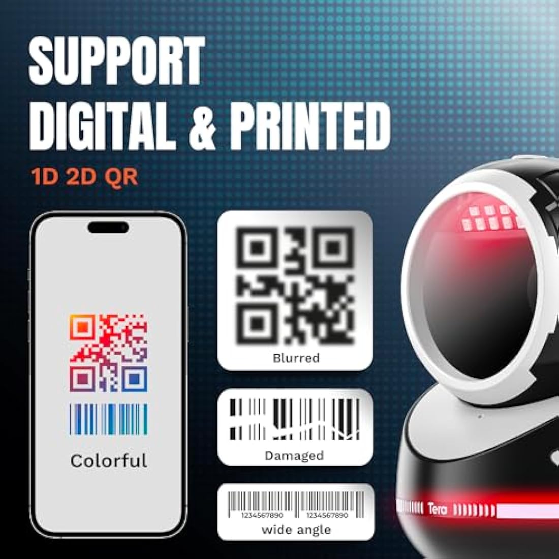 Tera Barcode Scanner Handsfree Omnidirectional: Pro Version Desktop 1D 2D QR USB Wired Adjustable Angle Plug and Play Bar Code Reader for POS Supermarket Retail Store Mobile Payment Model 9800 White