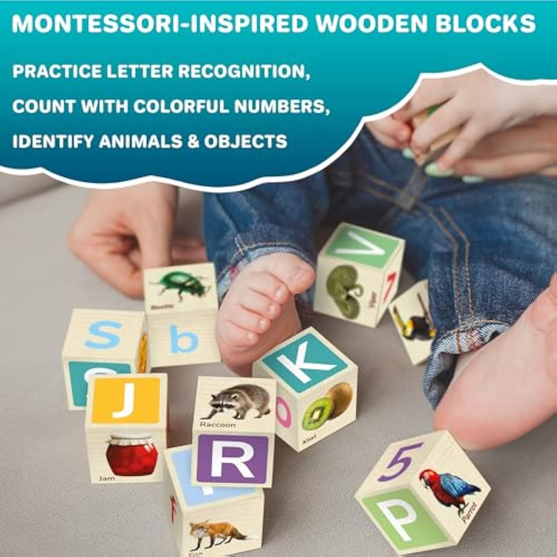 QUOKKA Wooden Blocks for Toddlers 1-3 - Realistic ABC Learning Baby Blocks for Kids 3-5 Year Olds - Stacking Alphabet Wood Toys for 2-4 yo - Learn Letters Numbers