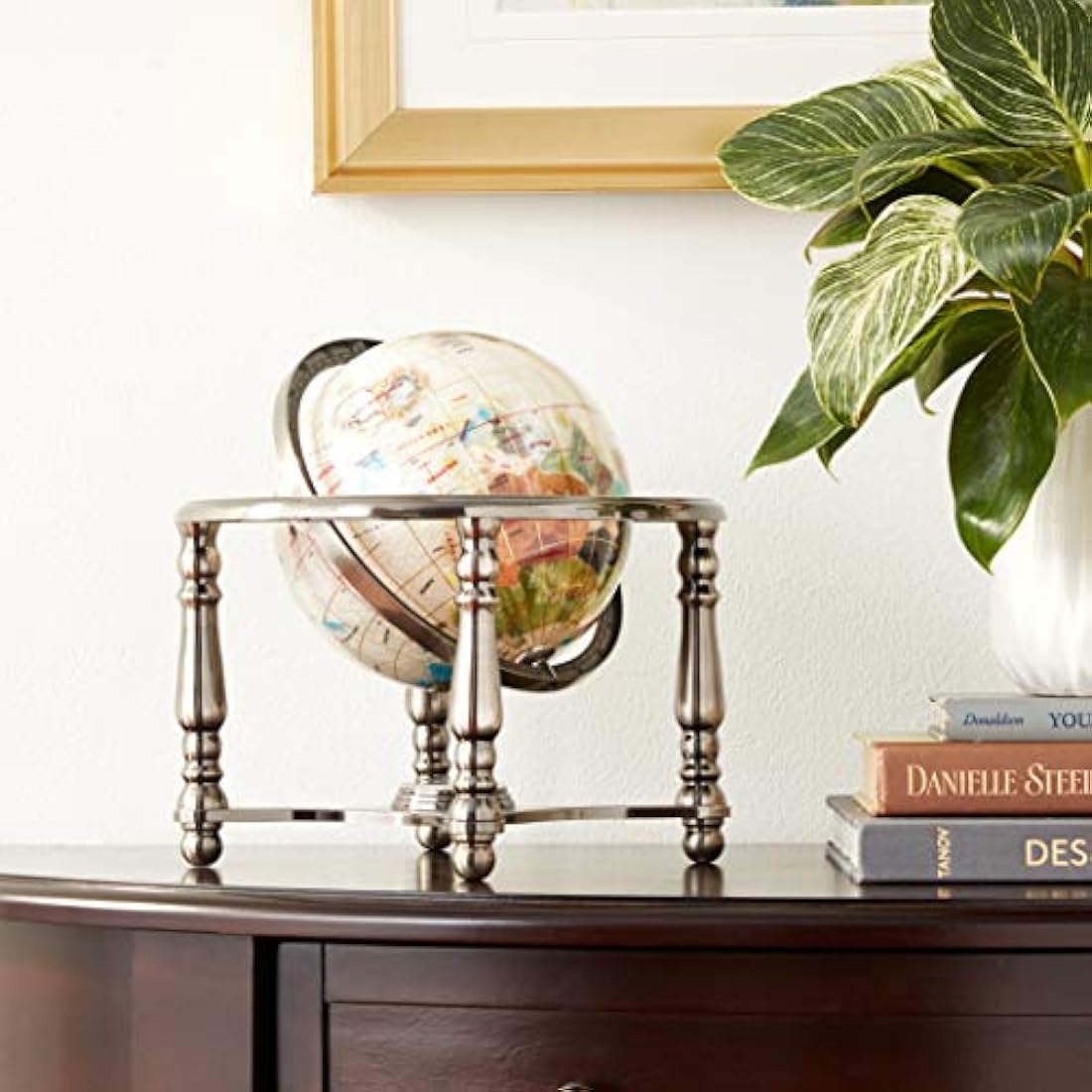 Unique Art 10-Inch Tall Pearl Swirl Ocean Gemstone World Globe with 4 Leg Silver Stand