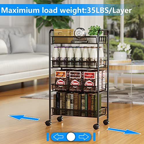 Rolling Cart Storage Trolley - 4 Tier Kitchen Storage Organizer Utility Cart Full Metal Basket Storage Art Trolley Carts with Wheels & 4 Side Hooks (Black)