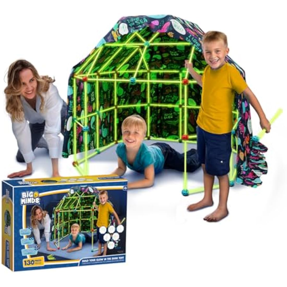 Big Minds - Den Building Kit Glow In The Dark | Fort Building Kits For Kids | Construction Toys Stem 130 Piece | Den Making Kit Infinite Shapes | Den Making Kit | 5 Year Old Girls Gifts |