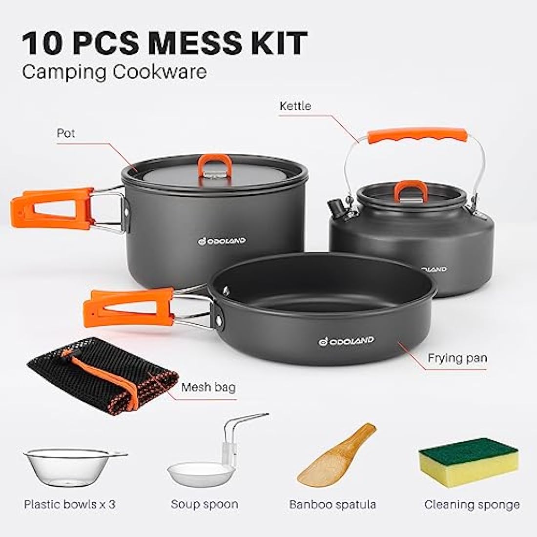 Odoland Camping Cookware Set, Cooking Utensils with Camping Pot, Camping Frying Pan and Teapots for Outdoor Cooking Hiking Travelling for 2-3 People