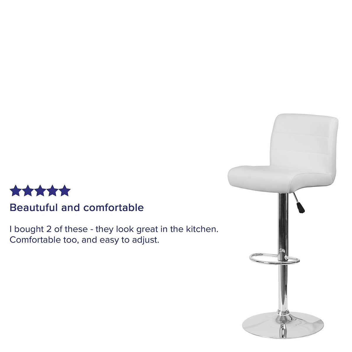 Flash Furniture Marietta 2 Pack Contemporary White Vinyl Adjustable Height Barstool with Rolled Seat and Chrome Base