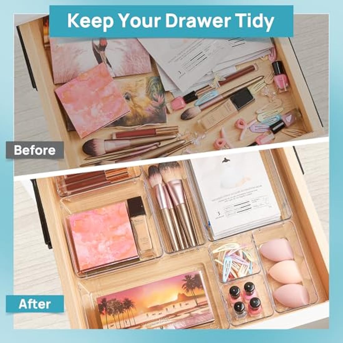 Vtopmart 44 Pack Drawer Organiser, 4-Size Desk Organiser Drawers, Clear Plastic Storage Bins for Makeup, Bedroom, Kitchen Gadgets Utensils and Office