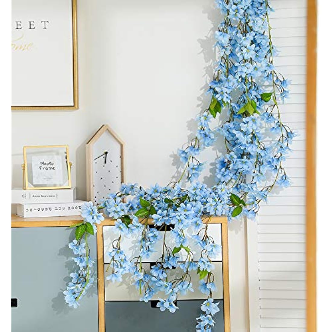 JUSTOYOU 2 x 5.7 ft Artificial Sakura Cherry Blossom Hanging Flowers Vine Fake Sakura Garland Home Garden Wedding Party Decoration (Blue)