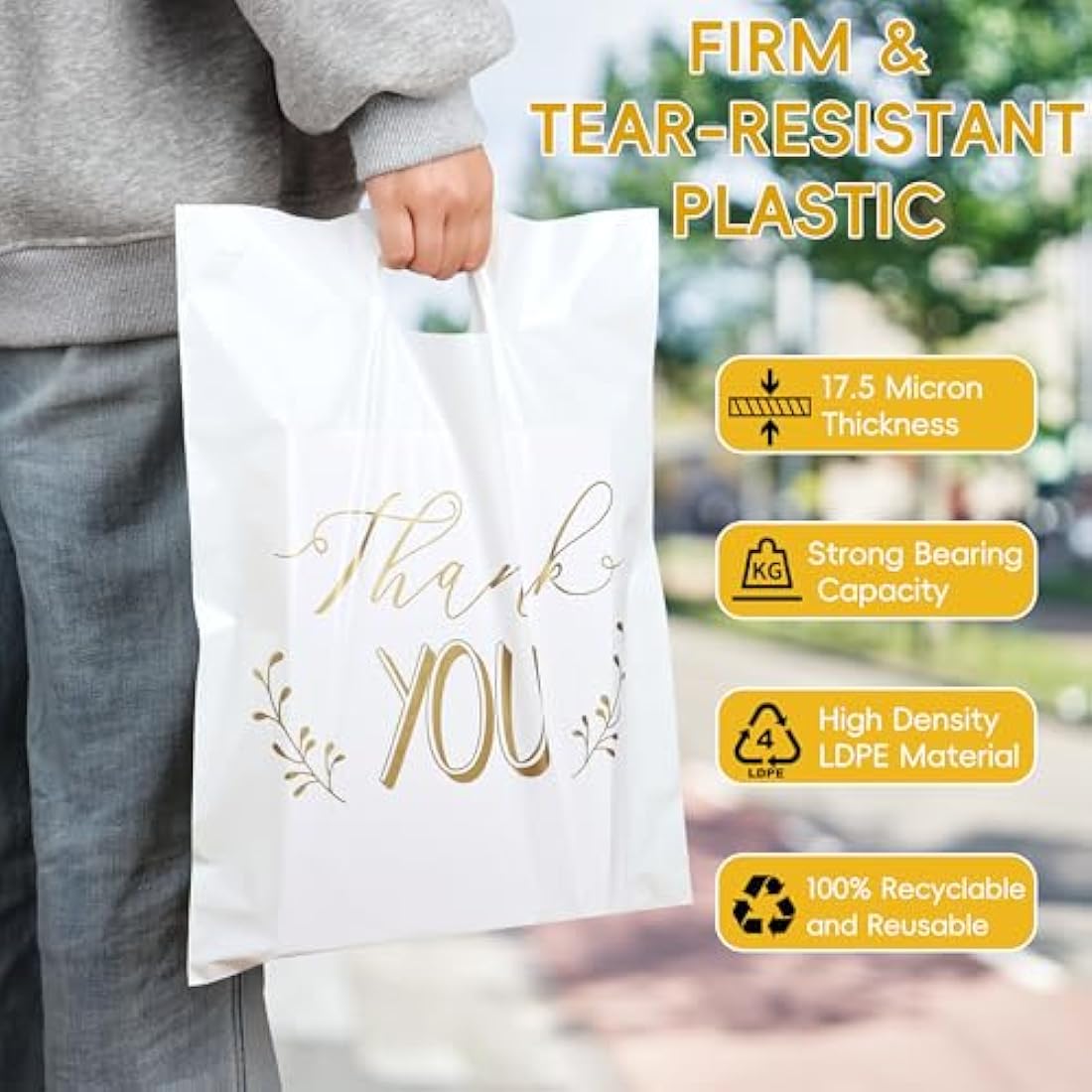 100 Pack Thank You Carrier Bags - 30x38cm Merchandise Retail Plastic Carrier Bags with Handles for Shopping, Gifts, Boutique, Stores, Business, Market Stall, Trade Shows, Wholesale (Black+ White）