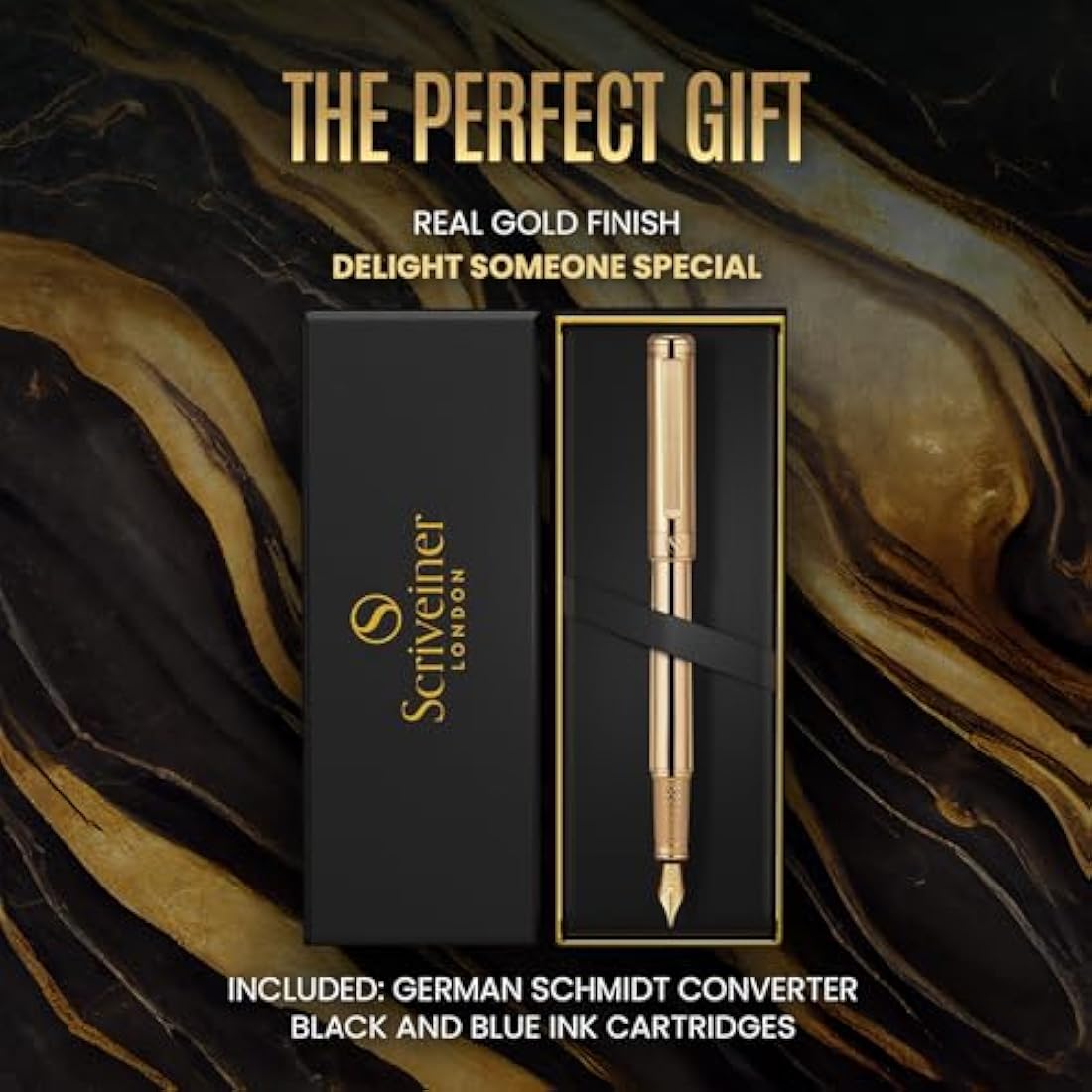 Scriveiner Luxury Fountain Pen - Stunning Gold Pen, Real Gold Plating, Schmidt Gilded Nib (Fine), Converter, Best Pen Gift Set for Men & Women, Professional, Executive, Office, Nice Pens