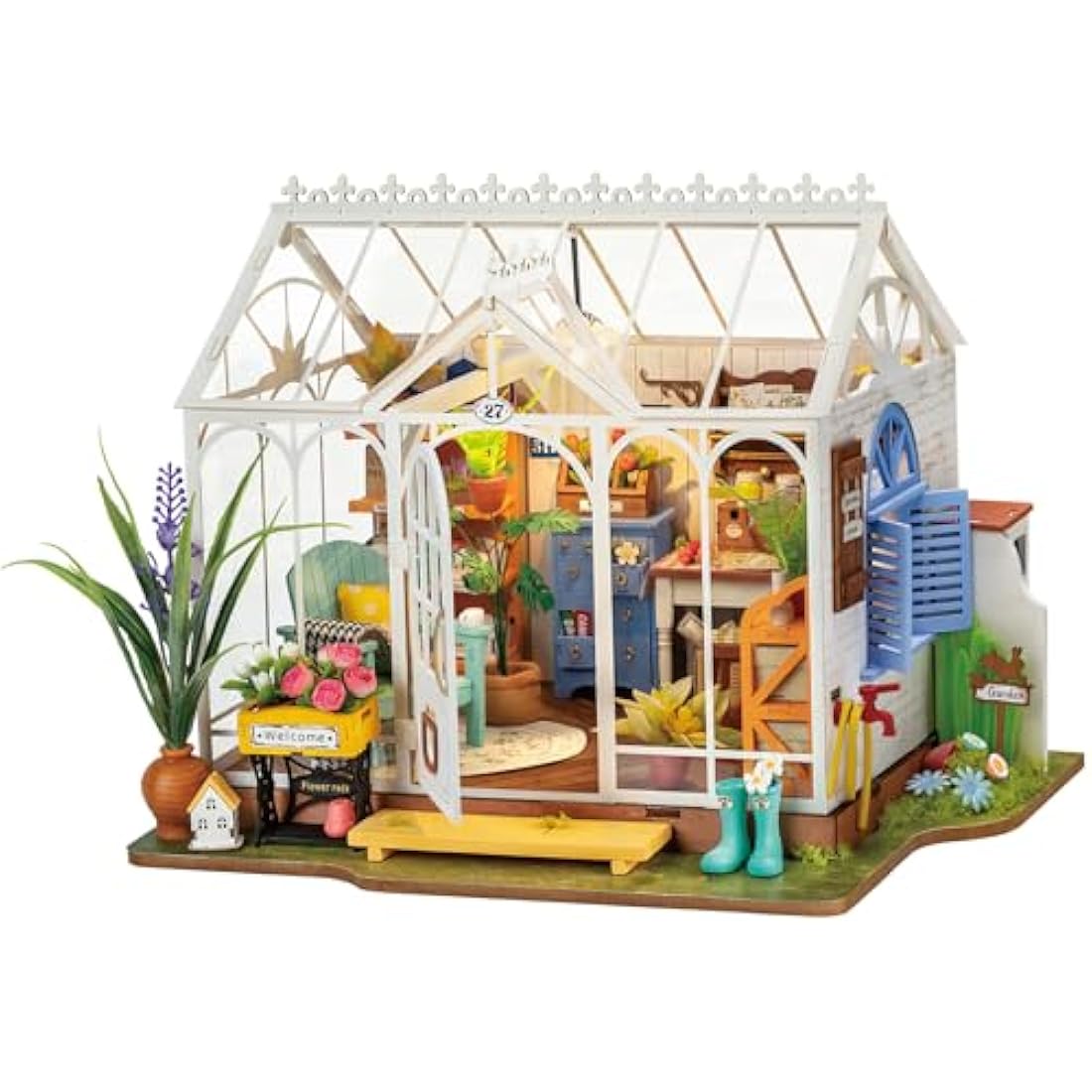 ROBOTIME DIY Miniature House Kit Garden House | Wooden Dollhouse Model Building Kit with LED for Adults and Children | Holiday Birthday Gift