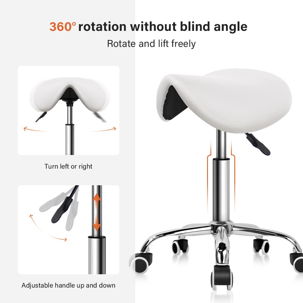 KKTONER Rolling Saddle Stool PU Leather Swivel Adjustable Rolling Stool with Wheels Salon Chair (White)
