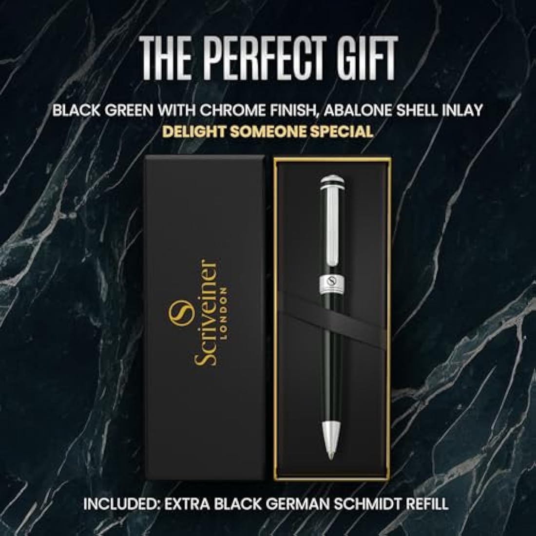 Scriveiner Black Green Ballpoint - BlackGreen Luxury Pen, Chrome Finish, Schmidt Black Refill, Best Ball Pen Gift Set for Men & Women, Professional Executive Office, Nice Designer Pen