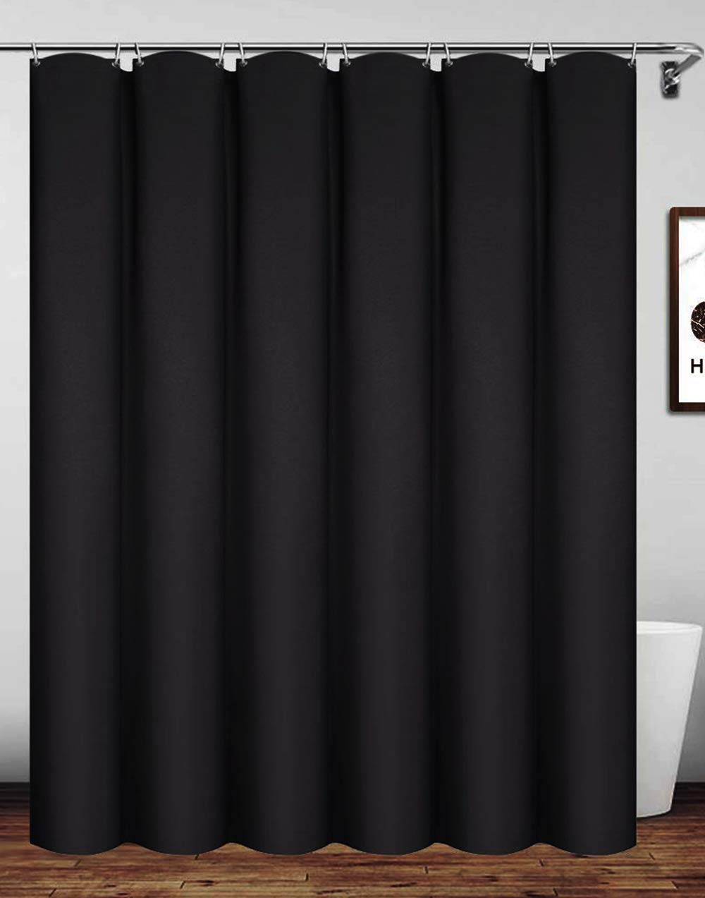 Homehold Waterproof Polyester Shower Curtain With Hooks, 200 x 200cm Black Bath Curtain