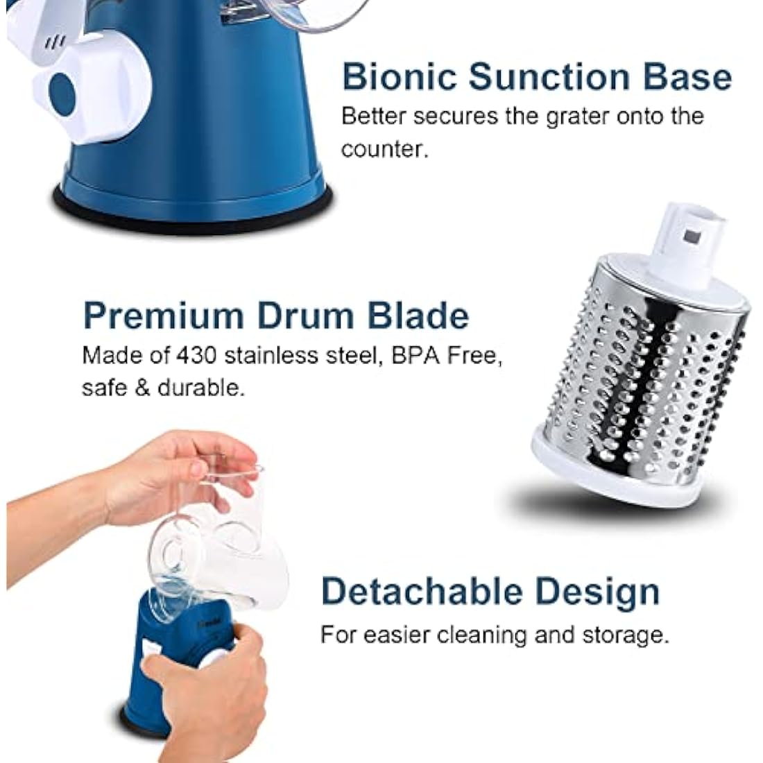Rotary Cheese Grater, Vegetable Slicer with Three Drum Blades, Grater for Kitchen Faster and Easy Cutting, Rotary Drum Grater Ideal for Cheese, Cucumber, Carrot, Nuts, etc.