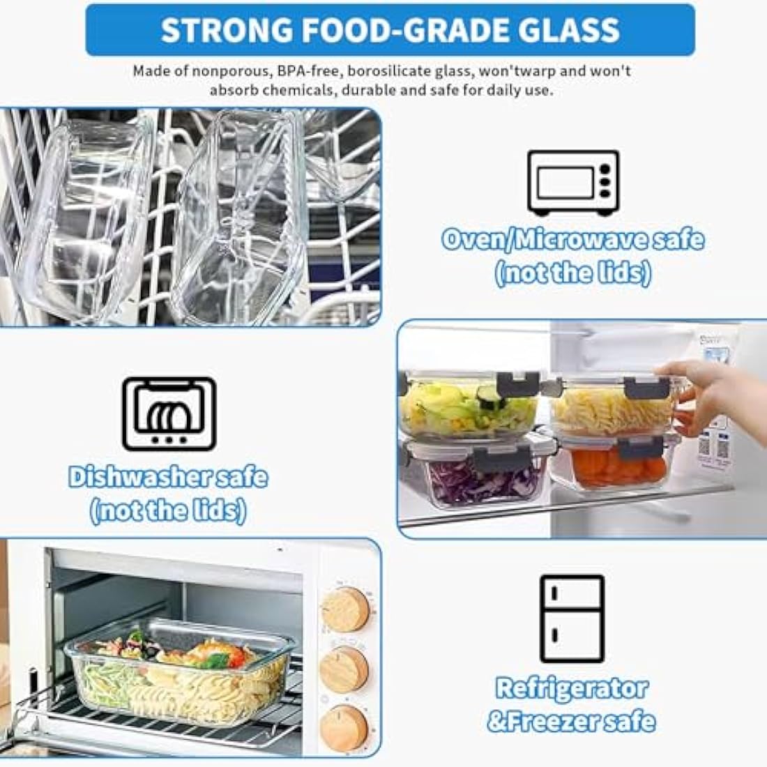 Glass Containers with Lids, 10 Pack Airtight Glass Meal Prep Containers, Glass Food Storage Containers, Reusable, Stackable, Microwave, Oven, Freezer and Dishwasher, 1050ml & 370ml (Black)