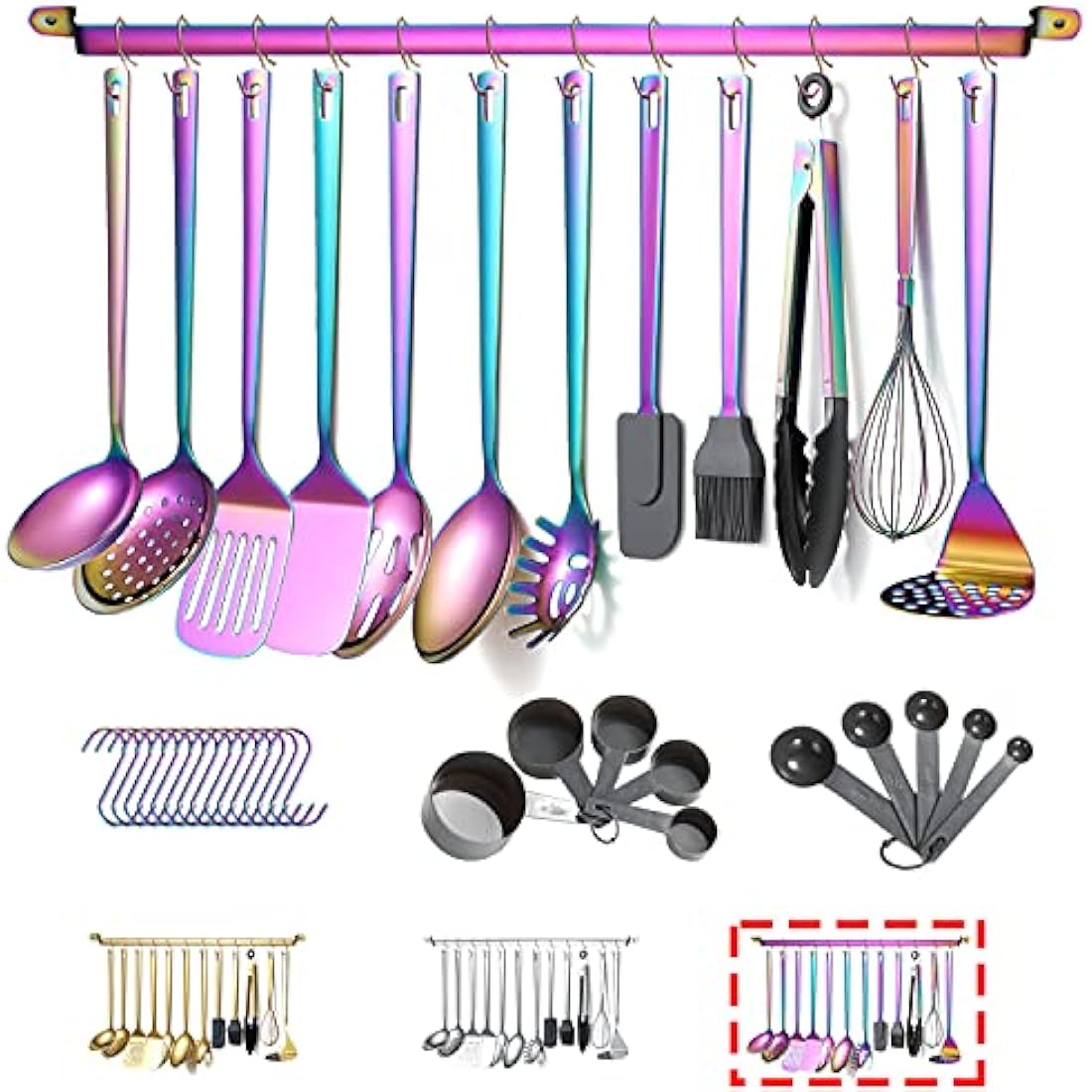 Rainbow Cooking Utensils Set,Kyraton Stainless Steel 37 Pieces Kitchen Utensils Set with Titanium Colorful Plating,Kitchen Gadgets Cookware, Kitchen Tool Set with Utensil Holder, Dishwasher Safe