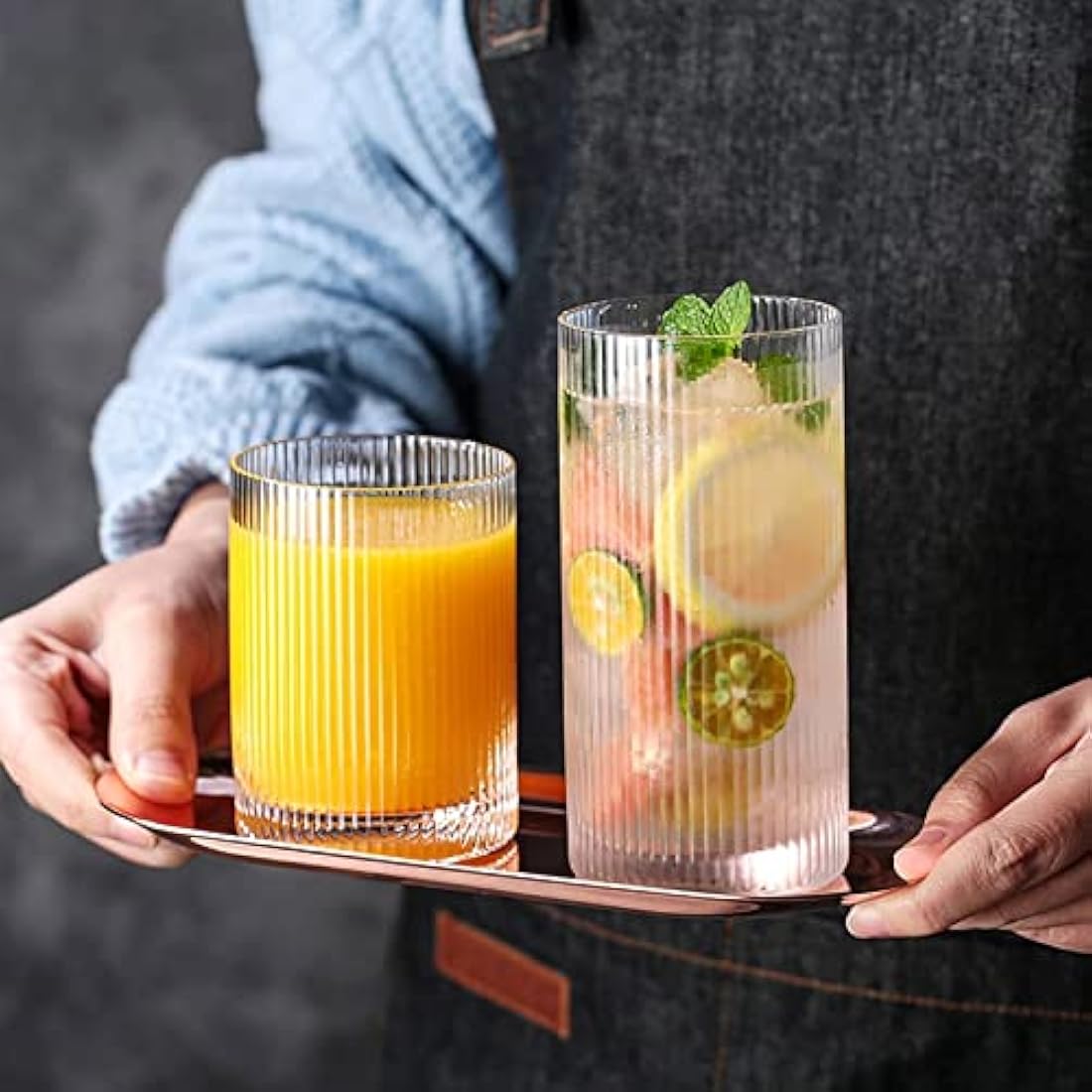 INSETLAN 370ml Drinking Glasses Set of 4,Vintage Ribbed Cup Glassware,Origami Style Transparent Cocktail Glasses Set, Bar Beverages Iced Coffee Cup Juice Ripple (L-370ML)