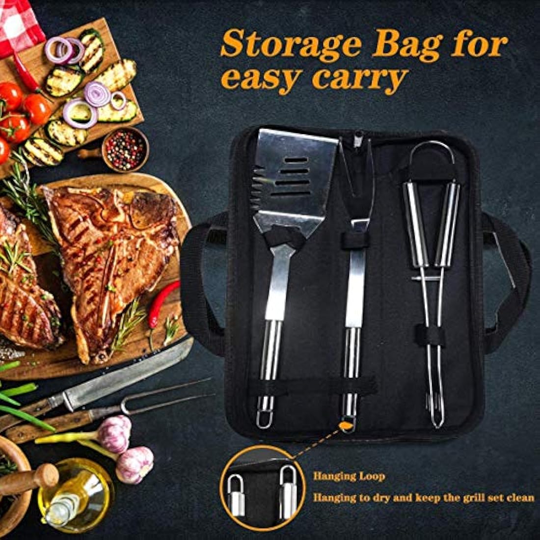 QH7 3Pack BBQ Barbecue Tool Set, Stainless Steel Outdoor Barbecue Grill Utensils Set with Storage Bags for Picnics