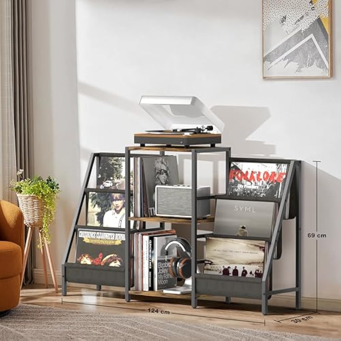 Bikoney Record Player Stand with 280 Album Vinyl Storage, Turntable Cabinet with CD Rack Media Console for Home Audio, Stereo & Vinyl Record Display
