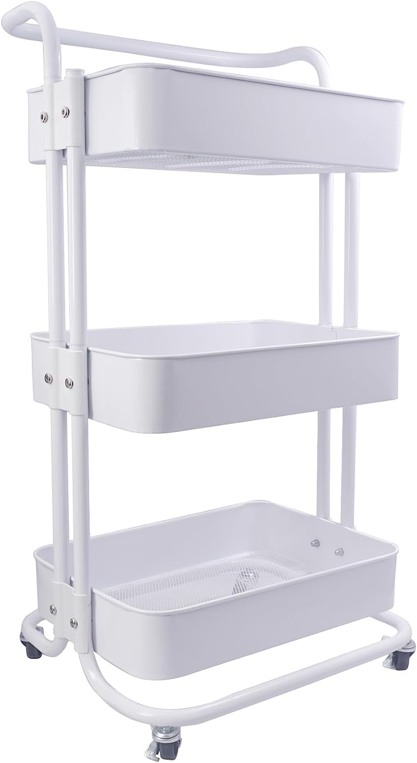 lamde 3-Tier Metal Rolling Utility Cart with Handle, Utility Organizer Cart-Multi-Functional Storage Trolley for Office, Living Room, Kitchen
