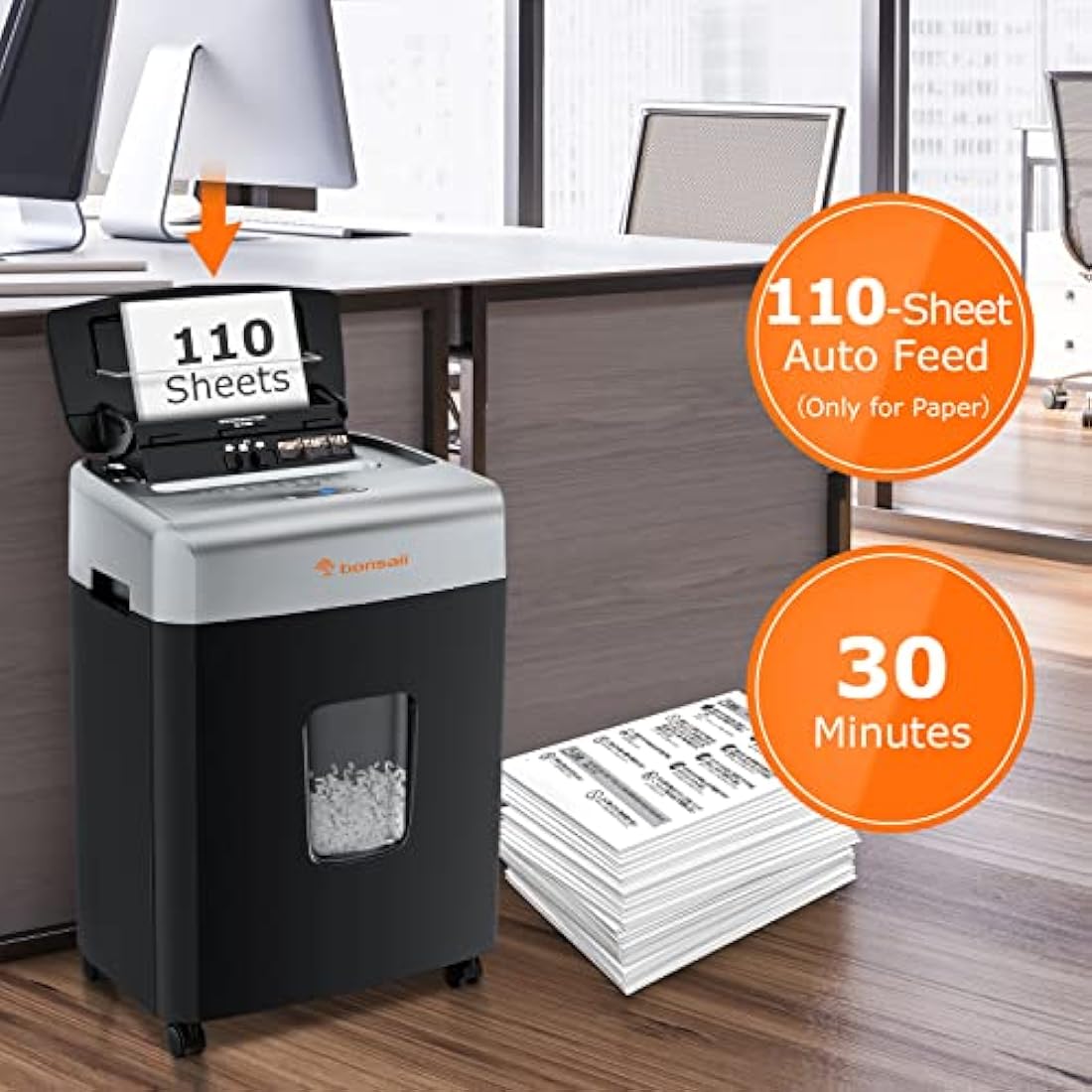 Bonsaii 110-Sheet Auto Feed Office Paper Shredder, 30 Mins Continuous Micro Cut Heavy Duty Paper Shredder, Manual 12-Sheet Home Office Credit Card Shredder with 4 Wheels, 23L Bin (C233-B upgrade)