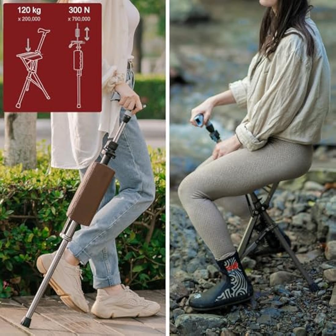 Ta-Da Chair PRO - Walking Stick with Seat, Ultra-Light Aluminium Frame & Sturdy Foldable Stool (up to 120kg), Collapsable Folding Design, Ideal for Travel & Sightseeing - Red, Adjustable