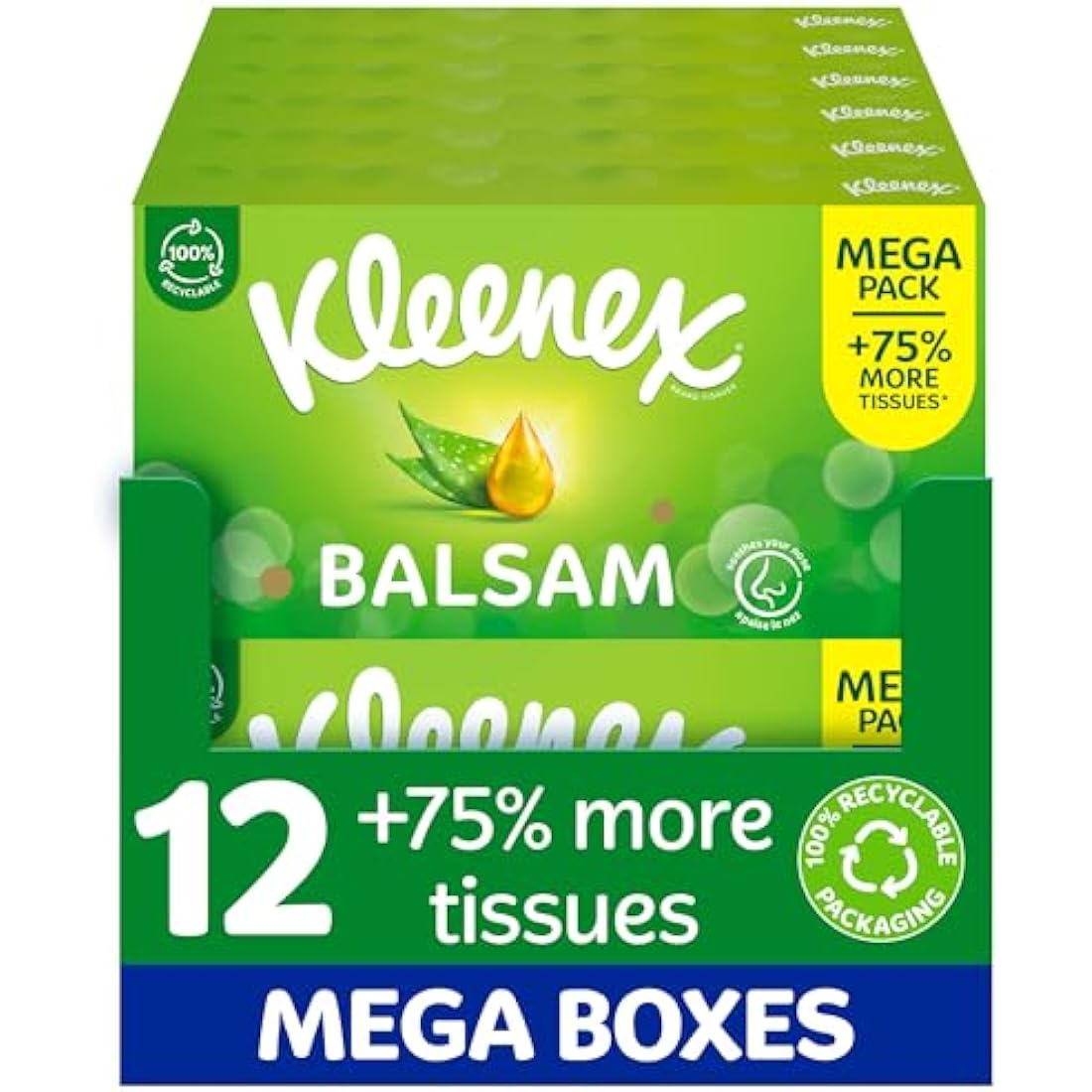 Kleenex® Balsam Tissues, Mega Pack - 1,344 Sheets (12 Boxes x 112 Sheets) - Balm Tissues Protect and Soothe Your Nose When You've Got a Cold - Balmcare® with Aloe Vera, Vitamin E and Calendula
