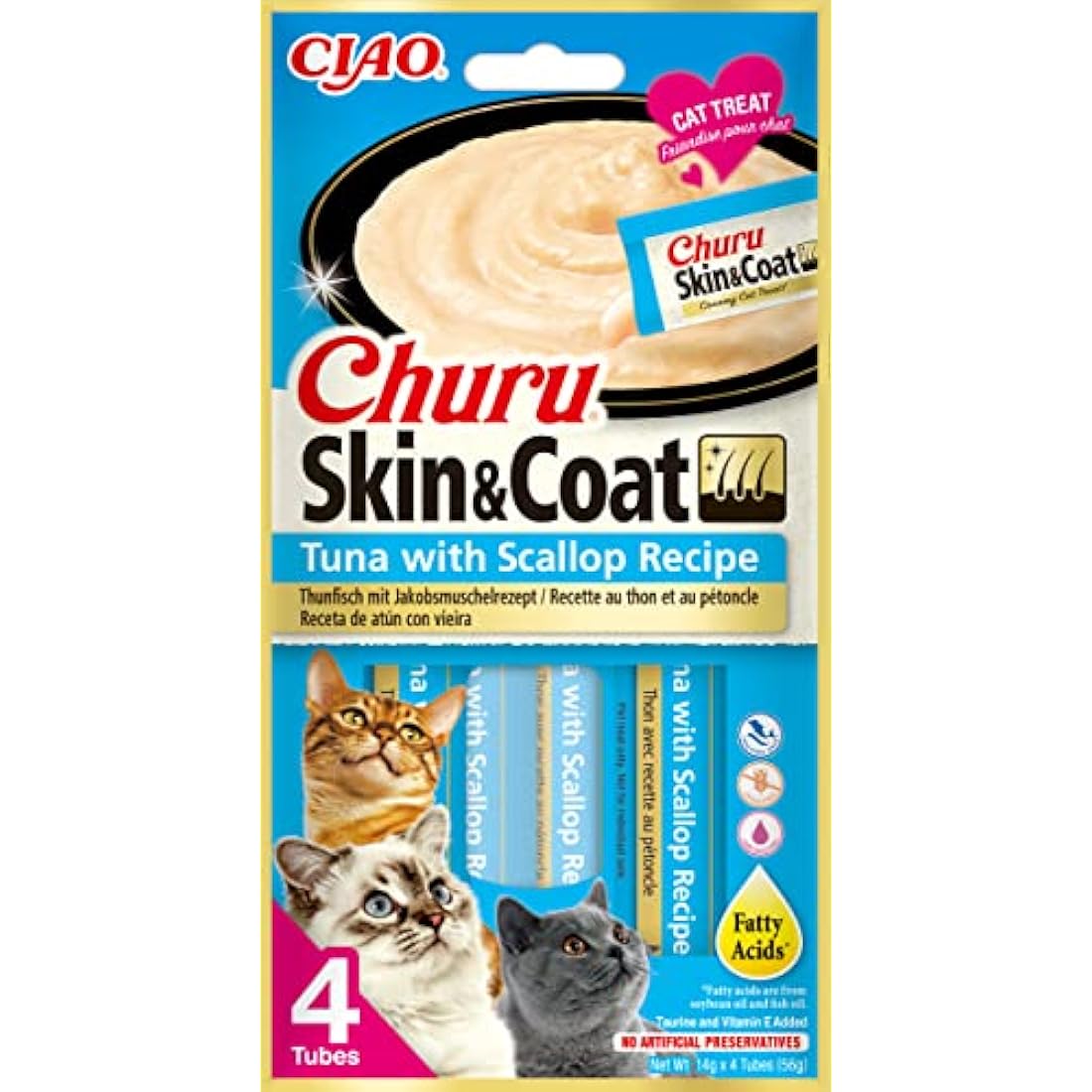 Churu Skin & Coat by INABA Cat Treat - Tuna with Scallop - 12 Packs (48 x 14g total) / Soft & Creamy Treat, Delicious & Healthy Snack, Purée Food Topper, Natural, Grain Free