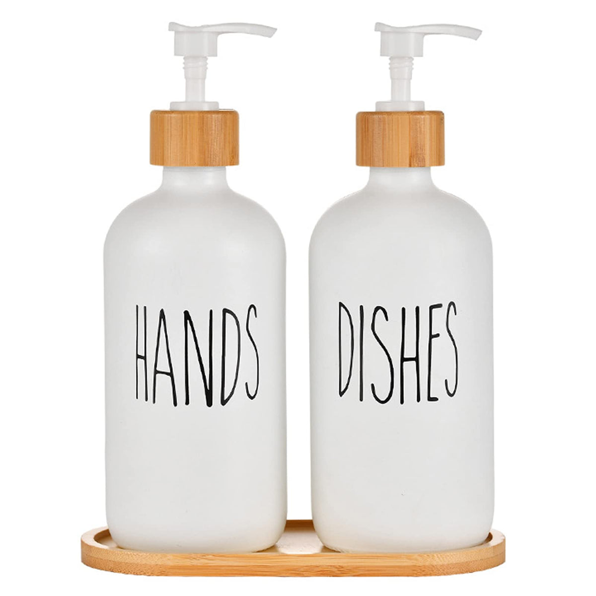 2 Pack Kitchen Soap Dispenser White Kitchen Bathroom Hands and Dishes Dispensers Set Glass Soap Dispenser with Pump Wooden Tray for Countertop Laundry