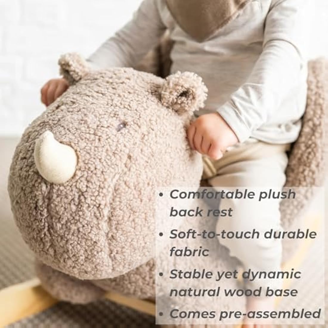 Nattou Wooden Rocker, Fully Padded Seat, Side Supports, Safety Belt, Handles For Small Hands, PETA-Approved Vegan, Soap-Water Cleaning, Super Soft Teddy Fabric Material, 10-36 Months, Taupe Rhino