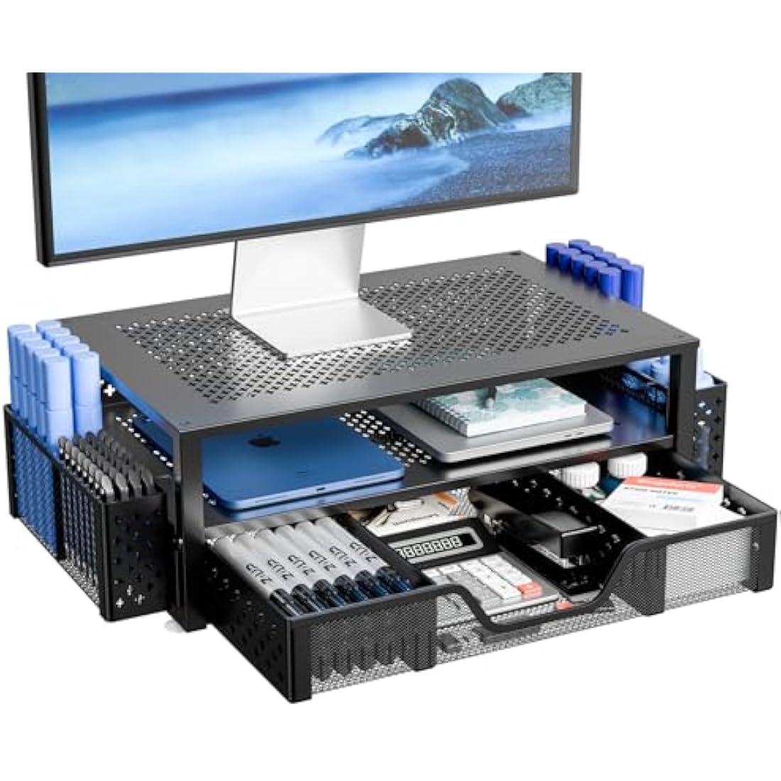 Simple Trending 2 Tier Metal Monitor Stand Monitor riser and Computer Desk Organizer with Drawer and Pen Holder for Laptop, Computer, iMac, Black