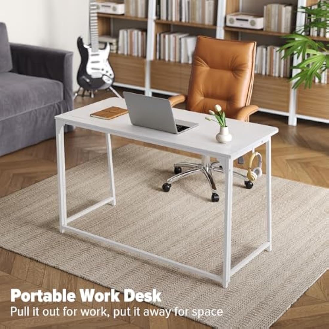 WOHOMO Folding Desk, 120cm Foldable Computer Desk for Bedroom, Space Saving Computer Table Writing Workstation for Home Office, Easy Assembly, White