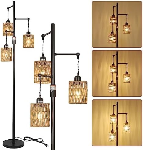 Rayofly Dimmable Rattan Floor Lamp, 3-Lights Boho Lamp with Stepless Dimmer, Industrial Lamps for Living Room, Tall Tree Shades, Farmhouse Standing Bedroom Black-3 Lights