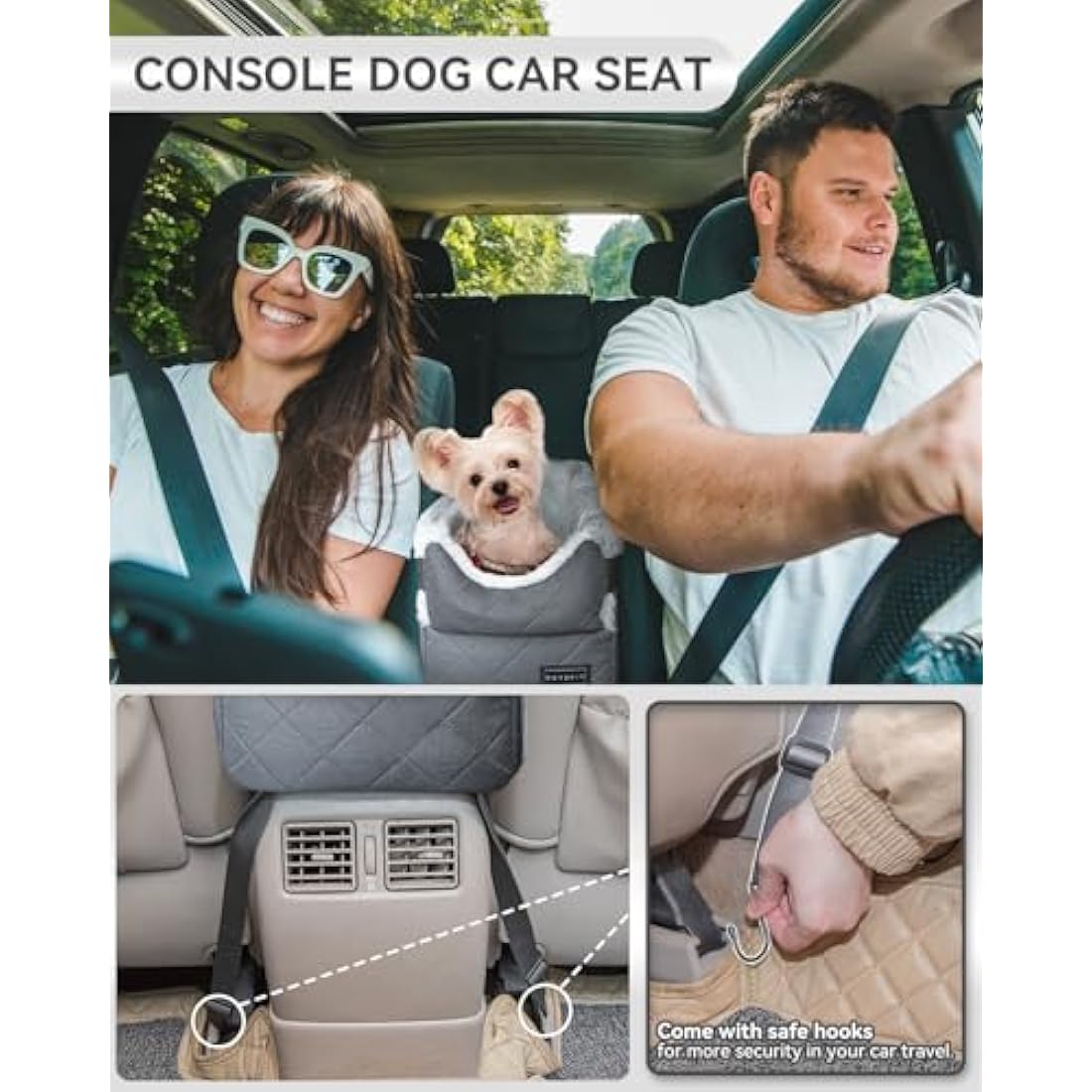 Petsfit Dog Car Seat, Center Console Dog Car Seat with Safe Protection Hooks, Pet Car Seat with Upgraded Safety Tethers, Washable Cushion, Console Dog Car Seats for Small Dogs Up to 6KG (Deep Grey)