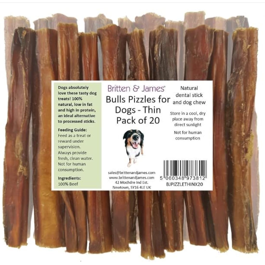 Britten & James 20 Thin Bulls Pizzles for Dogs (12cm length) - Bully Stick, Natural Dental Stick and Dog Chew. Hypoallergenic, Grain Free and Long Lasting Dog Treat